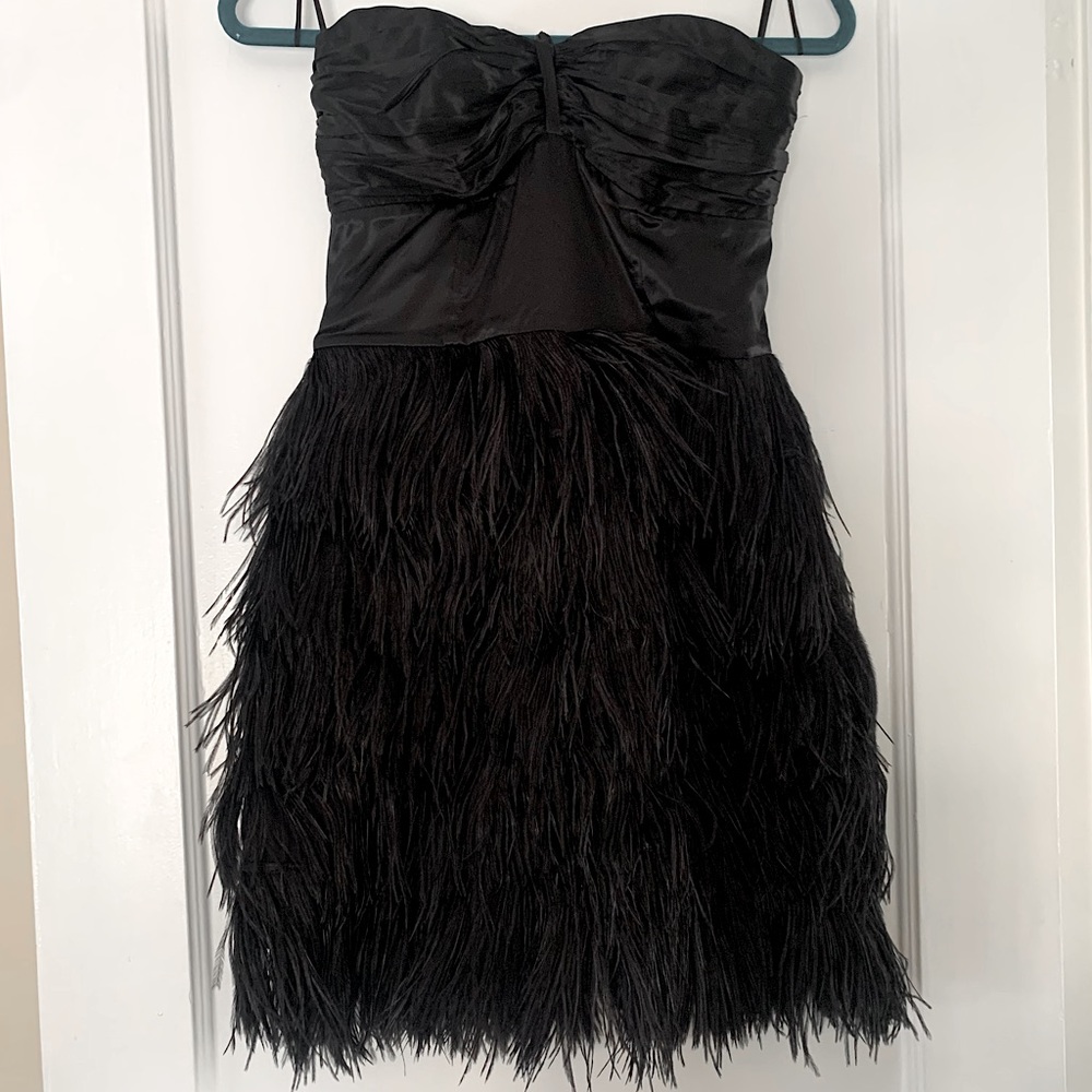 Express Black Satin & Feather Strapless Mini Cocktail Dress | Size 4
